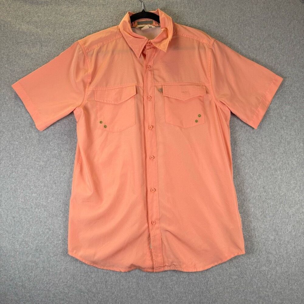 Ex Officio Mens Medium Button Front Shirt Orange Outdoor Hiking Short Sleeve